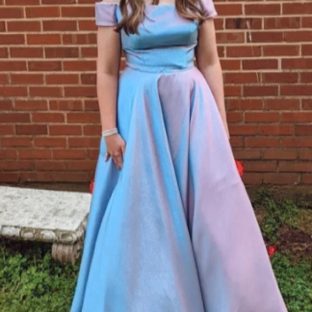 Pink purple and blue holographic unicorn off the shoulder prom dress